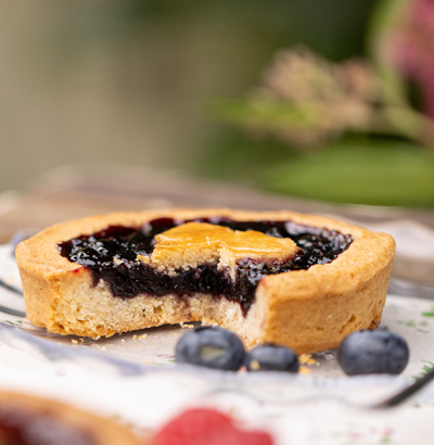 An appetizing Linzer Tartelette with wild blueberries of the Vosges, sliced and decorated with blueberries.
